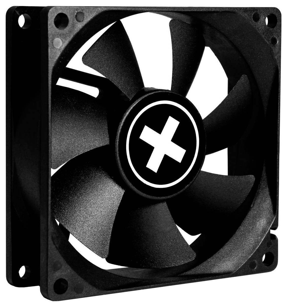 Čierny počítačový chladiaci ventilátor so stredovým plus symbolom na náboji.