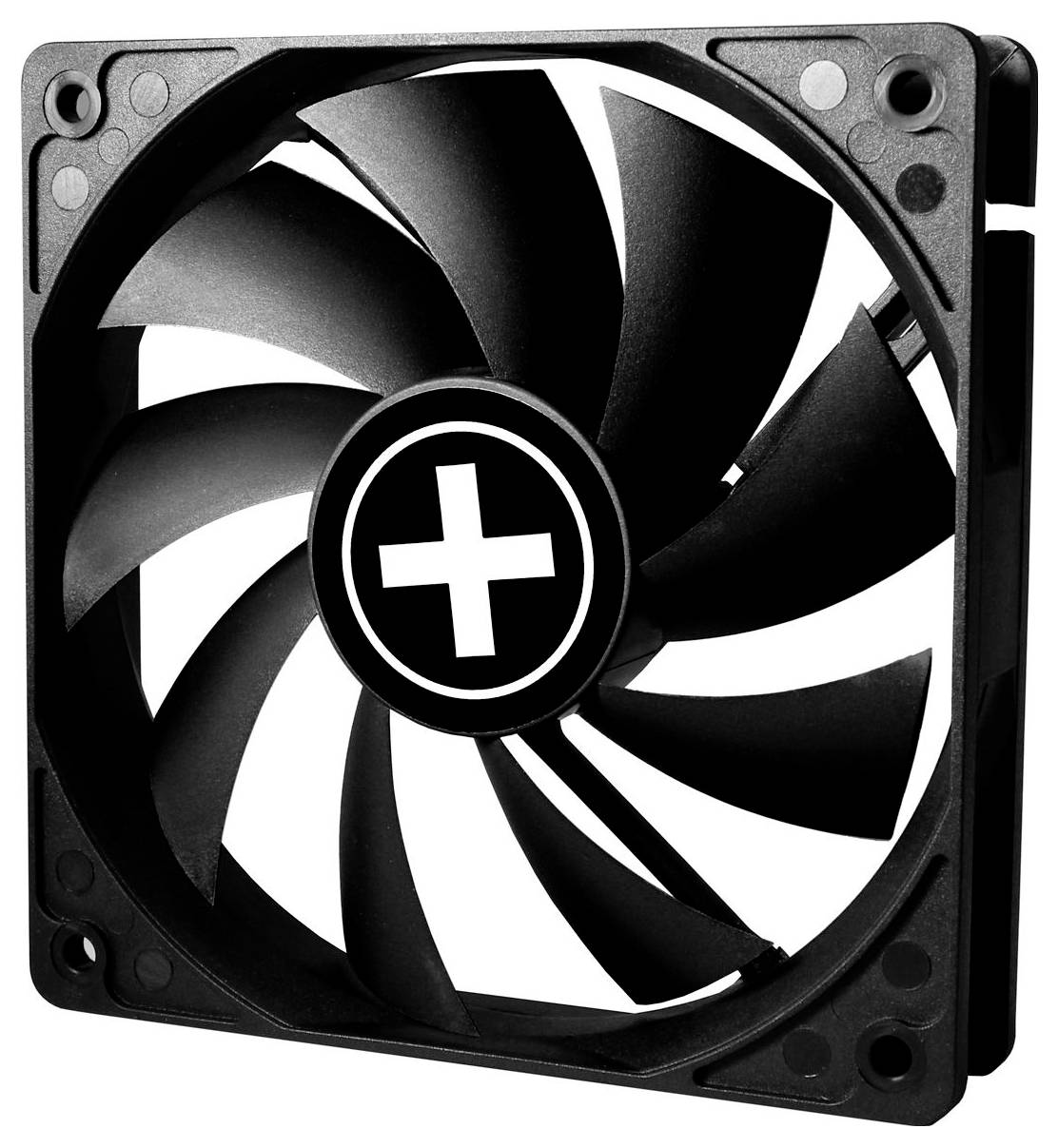 Čierny počítačový chladiaci ventilátor s bielym znakom plus na náboji, zobrazený v prednom pohľade na jednoduchom pozadí.