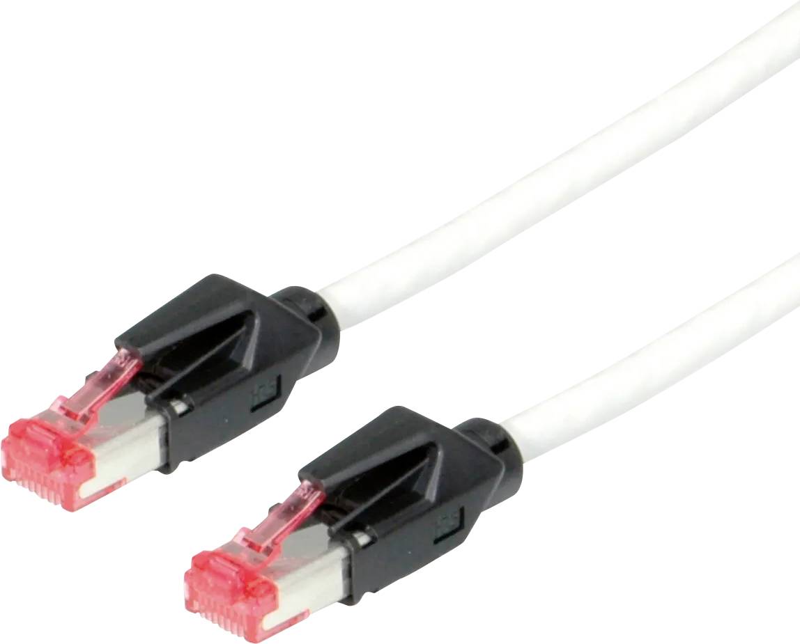 Dva biele ethernetové káble s červenými konektormi RJ45 na bielom pozadí.