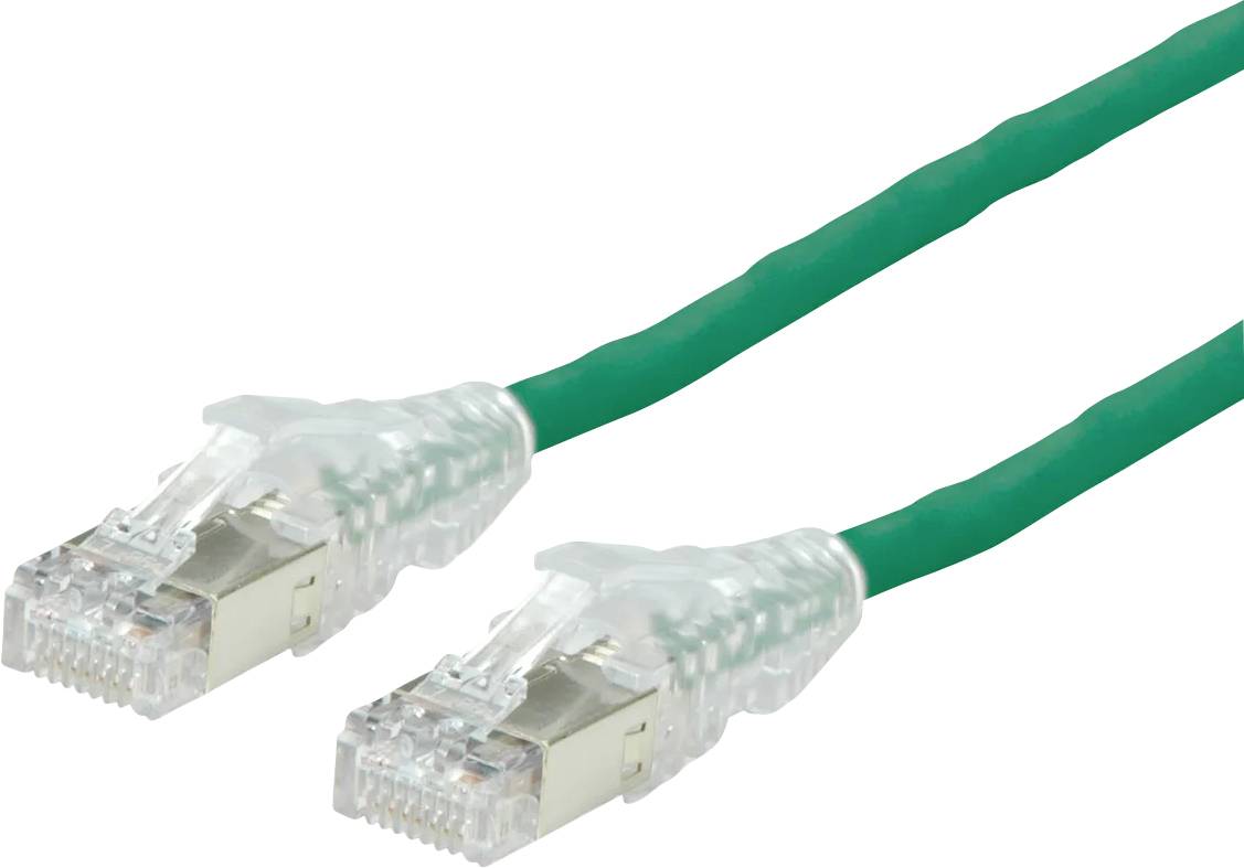 Dva zelené ethernetové káble s priehľadnými konektormi RJ45 na bielom pozadí.
