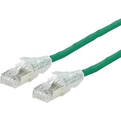 Dva zelené ethernetové káble s priehľadnými konektormi RJ45 na bielom pozadí.
