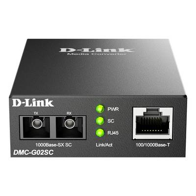 Predný pohľad na mediový konvertor D-Link DMC-G02SC s optickými portami SC, portom RJ45 Ethernet a zelenými stavovými LED diódami označenými PWR, SC a RJ45.