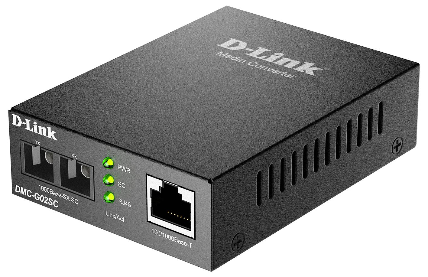 D-Link DMC-G02SC prepínač médií so jedným portom Ethernet, indikátormi stavu a optickými vláknovými pripojeniami.