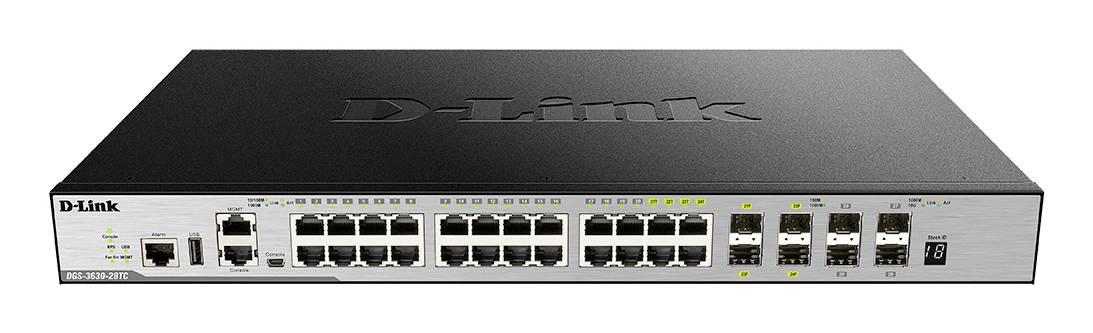 Predný panel sieťového prepínača D-Link s viacerými portami Ethernet a stavovými indikátormi, zobrazený na sivom 1U rackmountovateľnom zariadení.