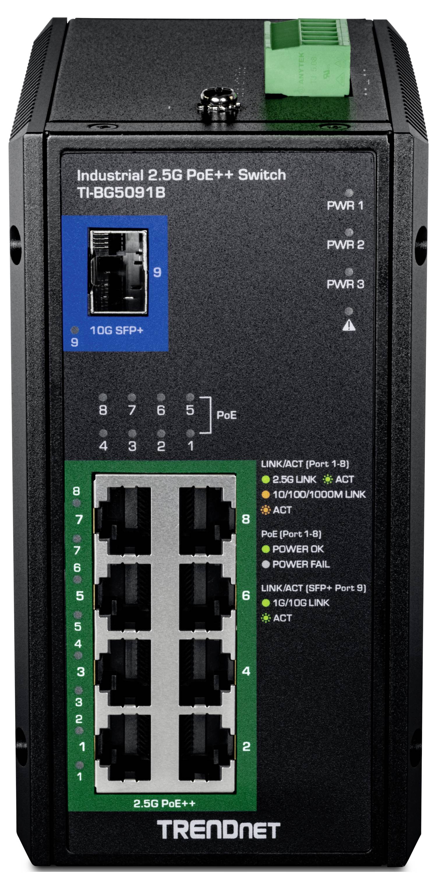 Predný pohľad na priemyselný switch TRENDnet 2,5G PoE+ s viacerými portami Ethernet, stavovými indikátormi LED a označením „Industrial 2.5G PoE+ Switch".