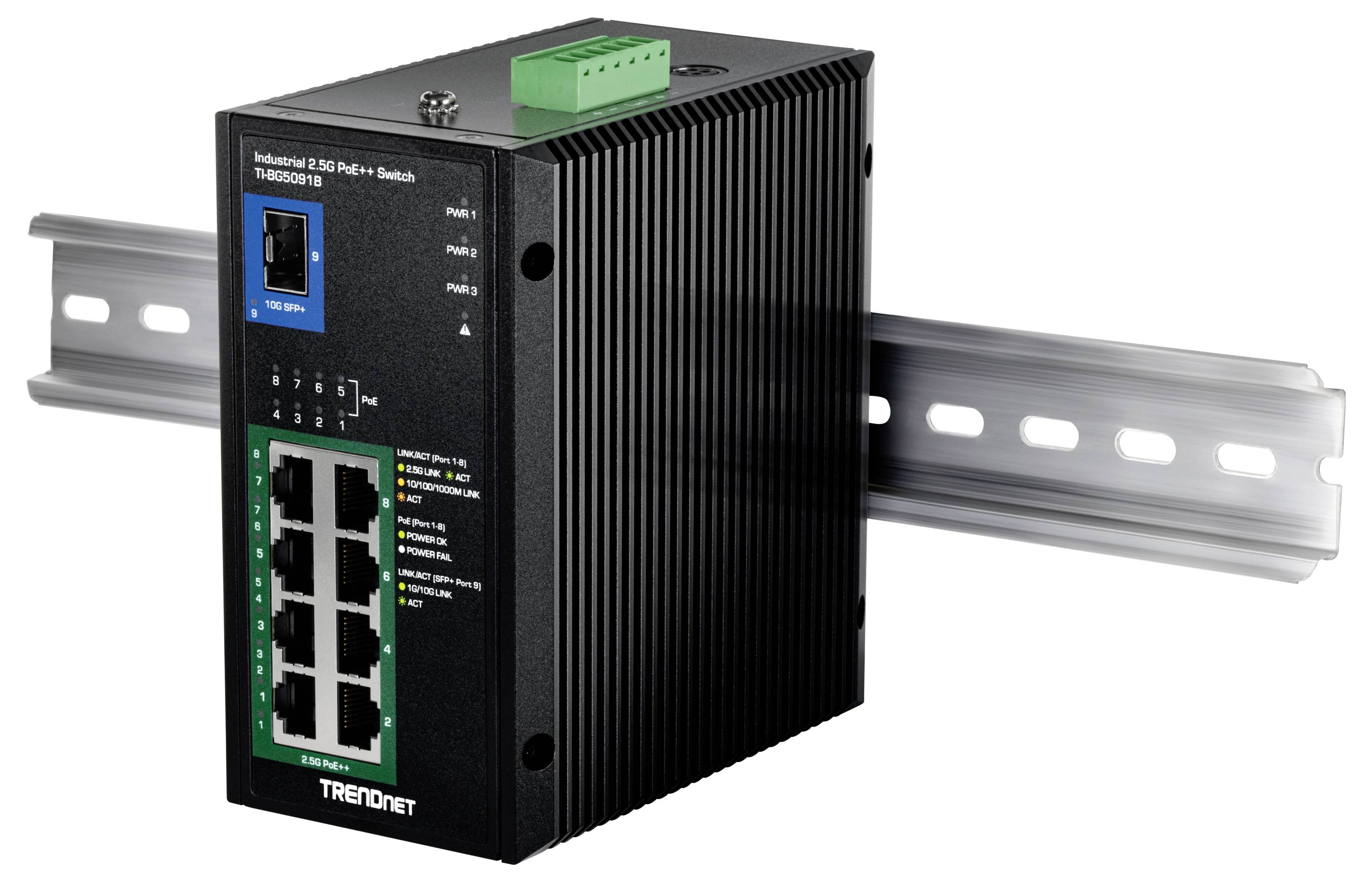 Priemyselný sieťový prepínač 2.5G na DIN lištu s predným pripojením Ethernet portov a zeleným napájacím terminálom umiestnenom na kovovej lište