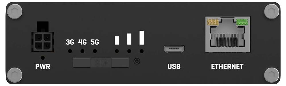 Predný pohľad panelu zariadenia s portami napájania a siete: PWR, indikátory 3G/4G/5G, USB a zásuvka ETHERNET.