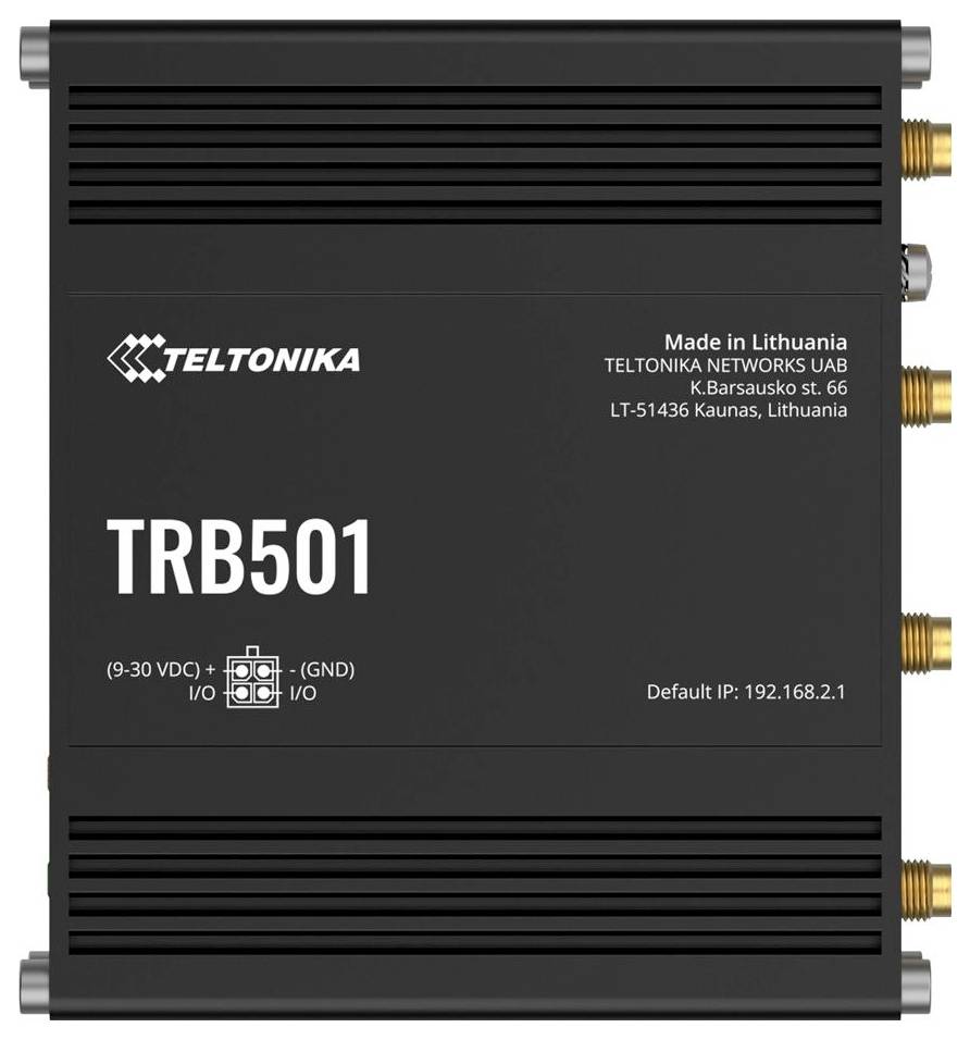 Priemyselný smerovač/modem Teltonika TRB501 s anténami a portami, označený s predvolenou IP adresou 192.168.2.1.