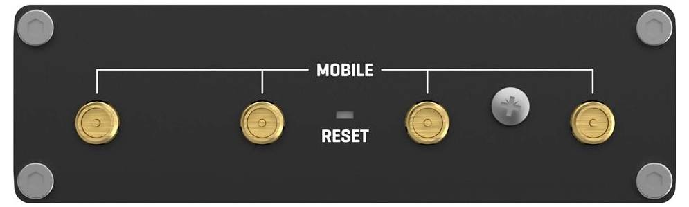 Diagram zariadenia s panelom označeným MOBILE a RESET, ktorý ukazuje štyri zlaté konektory, striebornú tlačidlo a štyri upevňovacie skrutky v rohoch.