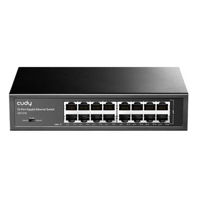 Predný pohľad na 16-portový Gigabit ethernetový switch Cudy s dvomi radmi sieťových portov a indikátormi stavu.
