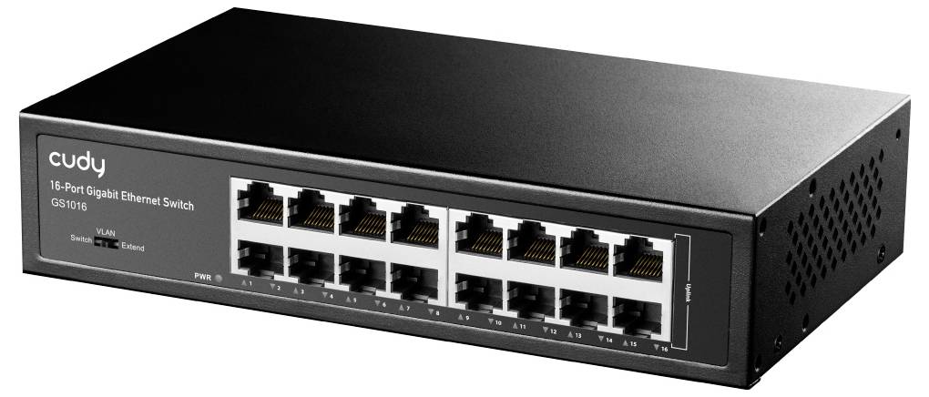 Black Cudy 16-portový gigabitový ethernetový switch so 16 portami RJ45 na prednom paneli.