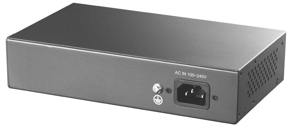 Čierna obdĺžniková elektronická skrinka s vstupnou zásuvkou striedavého prúdu označenou „AC IN 100-240V" na prednom paneli.