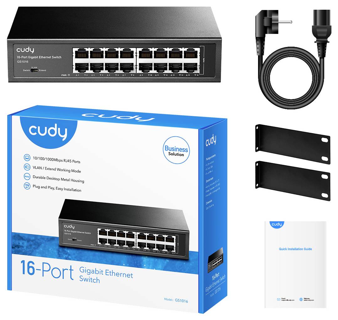 Produktový obrázok Cudy 16-portového gigabitového ethernetového prepínača s napájacím kablom, držiakmi na montáž do racku a rýchlou inštalačnou príručkou vedľa maloobchodného balenia.