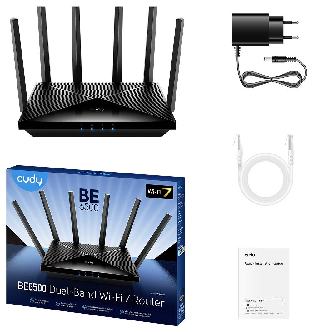 Cudy BE6500 dual-band Wi-Fi 7 router so šiestimi anténami, plus napájací adaptér, Ethernetový kábel a rýchly inštalačný návod.