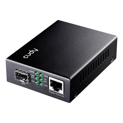 Black Cudy media converter so SFP portom, Gigabit Ethernet portom a zelenými stavovými svetlami na prednom paneli.