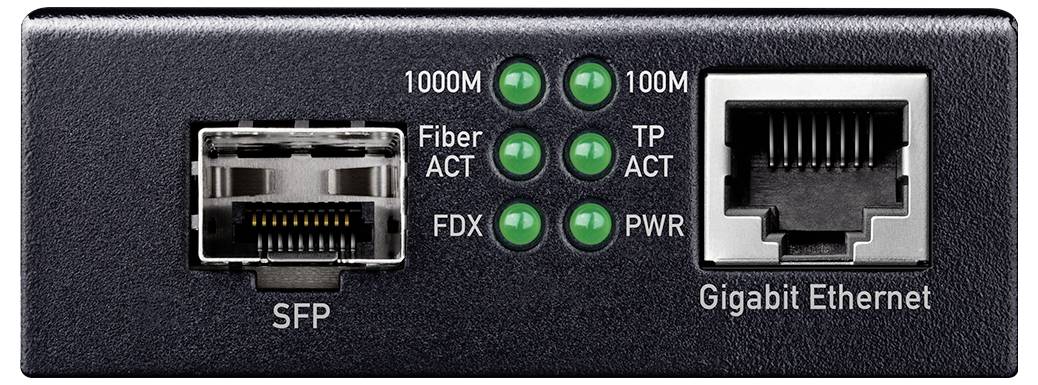 Predný panel sieťového prepínača s SFP vláknovou zásuvkou na ľavej strane a Gigabitovým ethernetovým portom RJ45 na pravej strane, so stavovými LED diódami označenými 1000M, 100M, Fiber ACT, TP ACT, FDX a PWR.