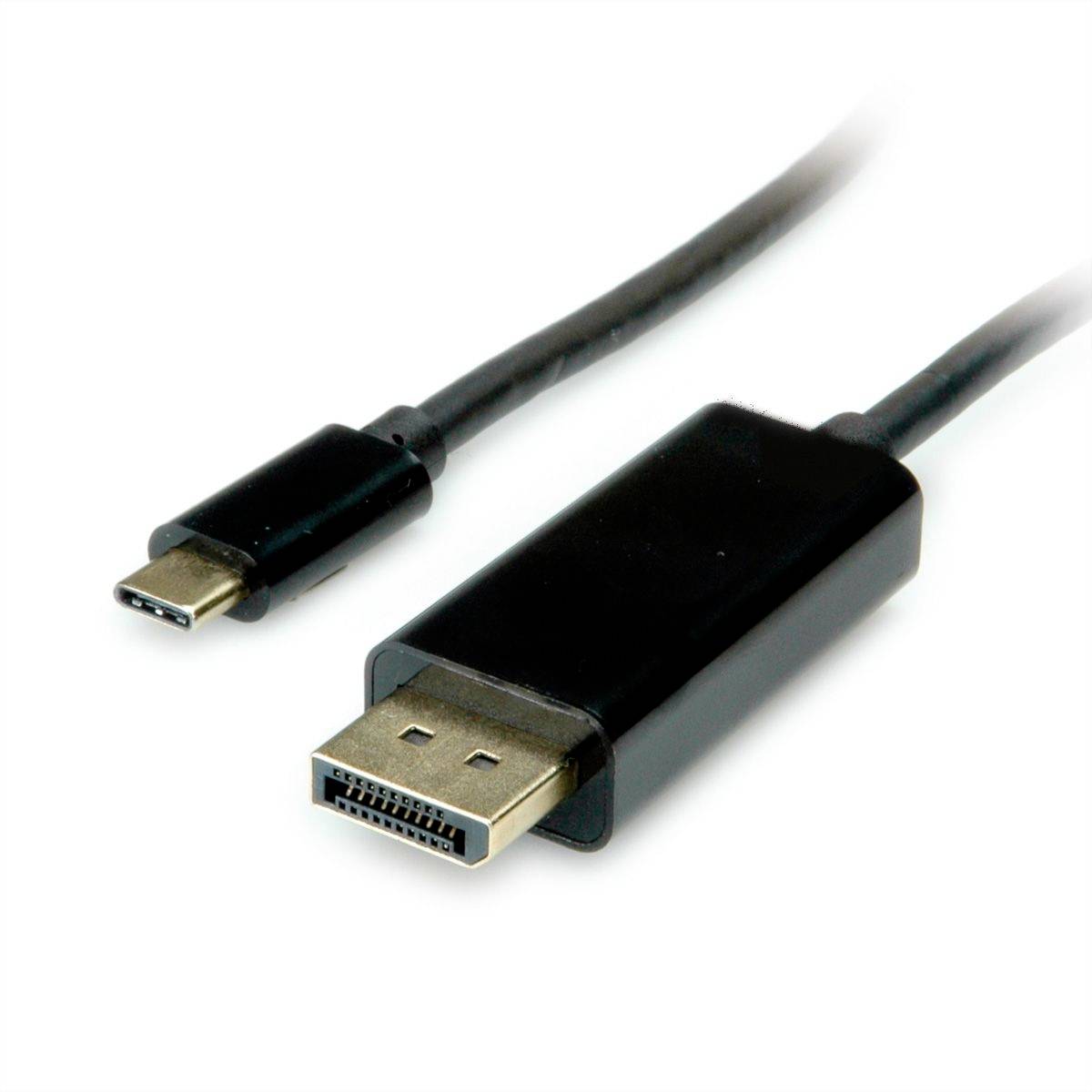 Zblízka fotografovaný kábel USB-C na DisplayPort s oboma konektormi zobrazenými na bielom pozadí.