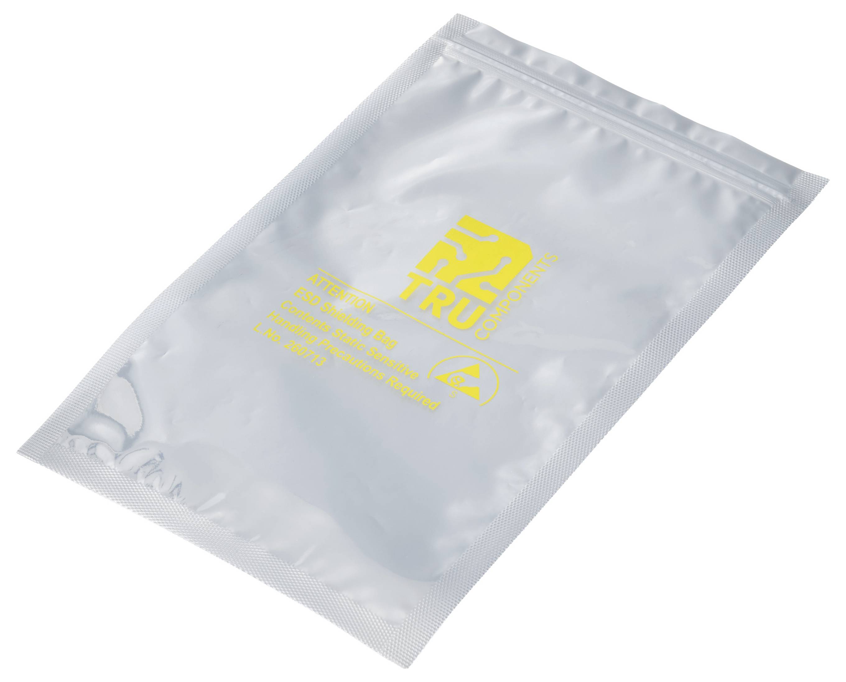 Strieborné znovuzatvárateľné vrecko so žltým nápisom „TRUST“ a výstražným symbolom, zobrazené diagonálne na bielom pozadí.