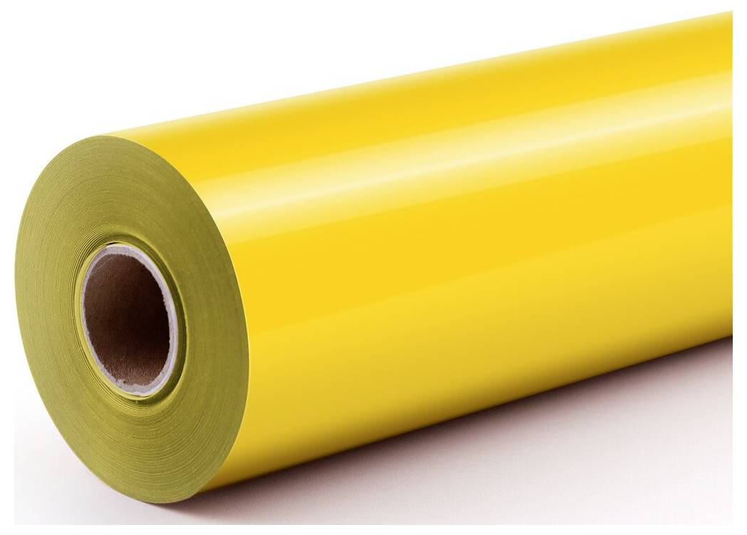 Rolka lesklej žltej samolepiace fólie alebo vinylového obalu, zobrazená rozvinutá v produktovej detailnej fotke.