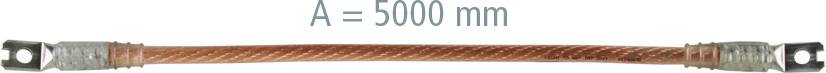 Medený uzemnenie pás označený A = 5000 mm, s pletencovým stredom a kovovými montážnymi uškami na oboch koncoch.