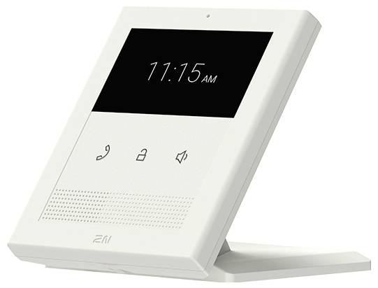 Biely stolný digitálny hodiny/interkomový prístroj zobrazujúci 11:15 dopoludnia s ikonami telefónu, zámku a reproduktora na prednom paneli.