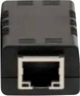Zblízka čierny port siete Ethernet s bielym RJ45 konektorom.