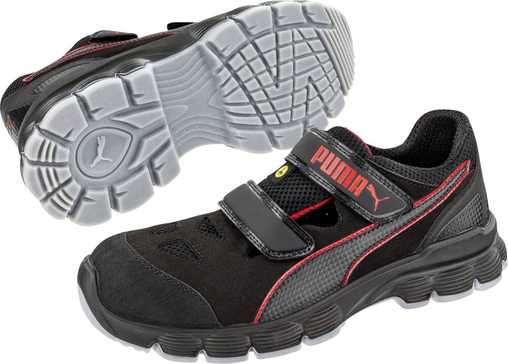 Bezpečnostná obuv Black Puma s červenými akcentmi a páskom na suchý zips, zobrazená zhora a z pohľadu podrážky, aby sa zdôraznila protišmyková behúň.