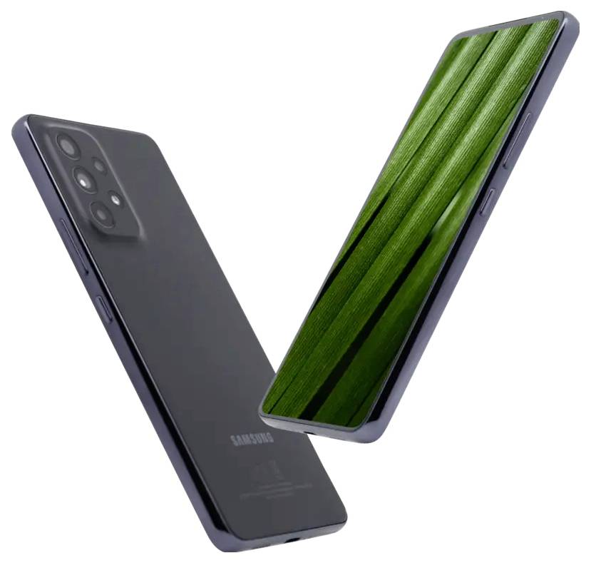 Dva pohľady na smartfón Samsung, ktorý zobrazuje zadnú stranu s objektívmi fotoaparátu a prednú stranu s obrazovkou s tapetou zelených listov.