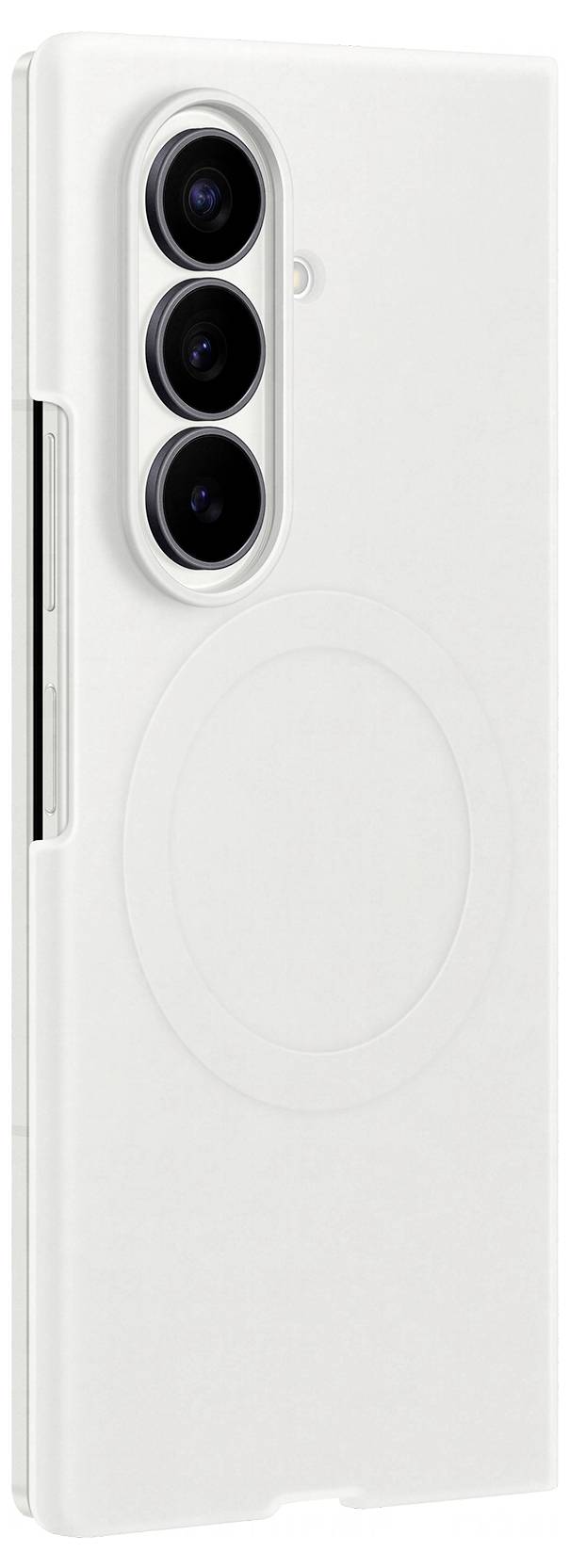 Biely obal na smartfón s tromi výrezmi na zadné fotoaparáty a jemným krúhovým výrezom v štýle MagSafe