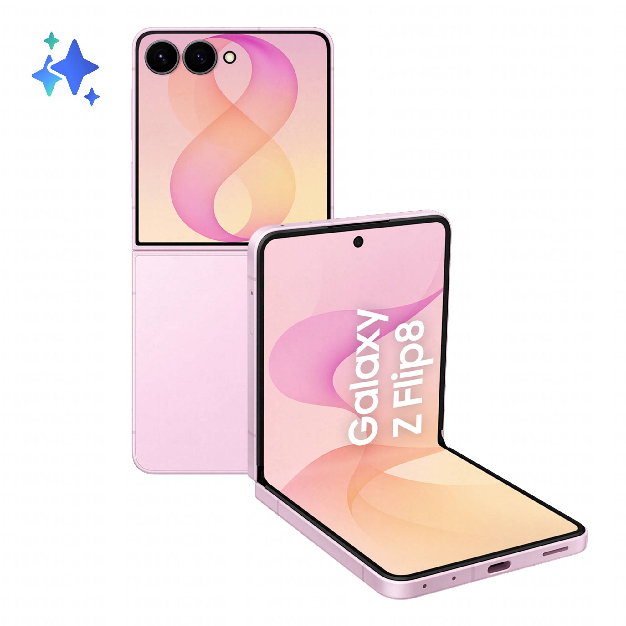 Ružový Samsung Galaxy Z Flip8 sklopný telefón zobrazený otvorený a zatvorený, s dvoma zadnými kamerami a nápisom „Galaxy Z Flip8" na displeji.