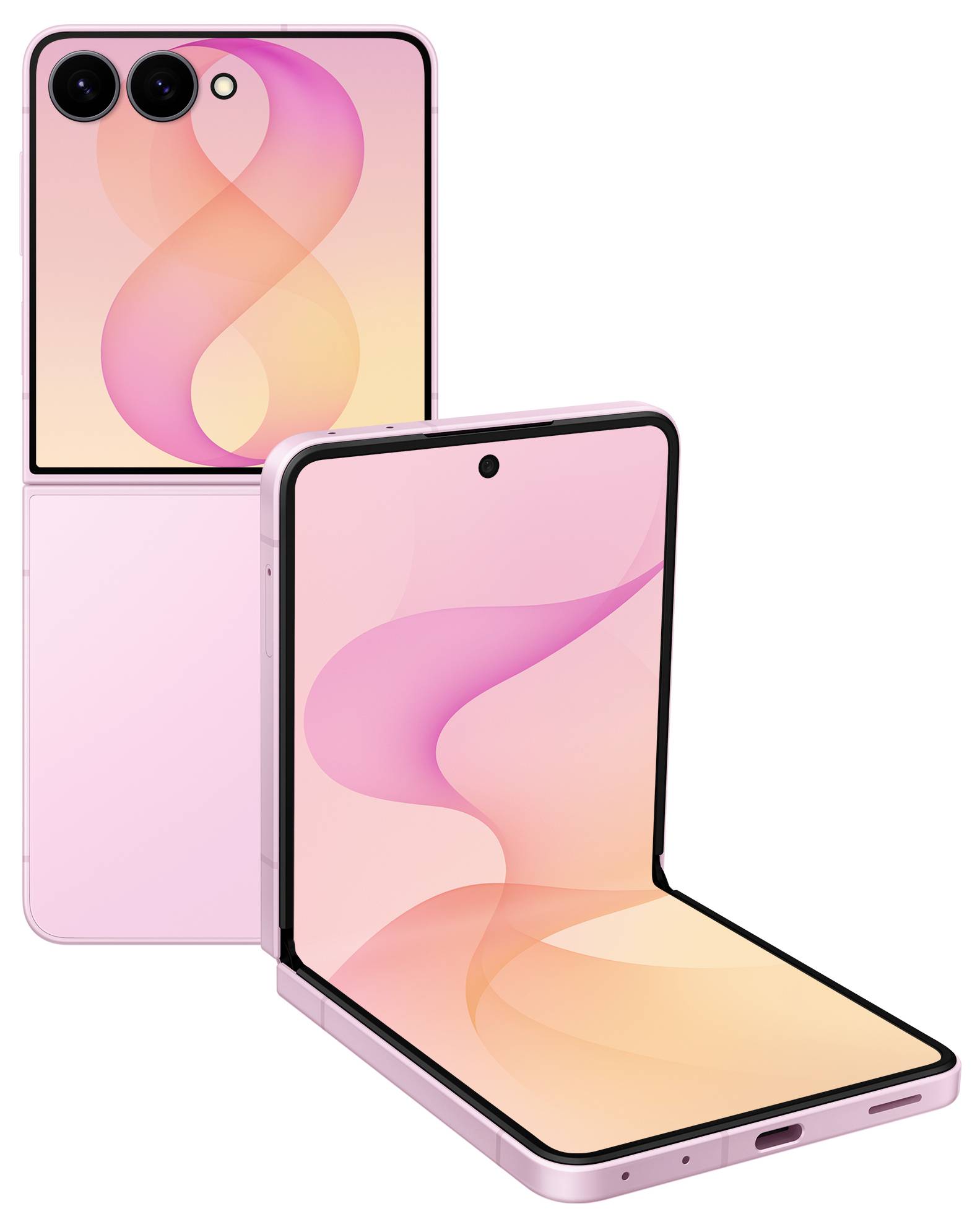 Dva ružové skladacie smartphony, jeden otvorený ako tablet a jeden zatvorený, zobrazené spredu a zozadu, aby sa zdôraznili dizajn a trojitá kamera.