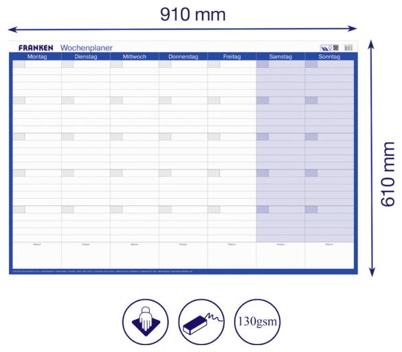 Týždenný plánovací hárok so siedmimi stĺpcami označenými pondelok až nedeľa a rozmermi 910 mm x 610 mm; stĺpce v pracovný voľný deň sú tieňované modrou farbou, s ikonami označujúcimi papier 130 gsm.