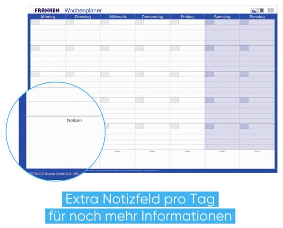 Týždenný plánovač so stĺpcami pre pondelok až nedeľu a veľké zvýraznené pole poznámok "Notizen" na podporu dodatočných denných poznámok.
