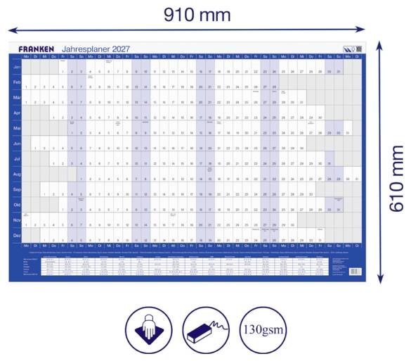 Produktový obrázok nástenného plánovača FRANKEN „Jahresplaner 2027" s ročným kalendárnym rastrom s rozmermi 910 mm x 610 mm a papierom gramáže 130 g/m².