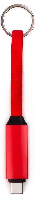 Zblízka zobrazený červený USB kábel so striebornýmkonektorom na vrchu, zobrazený vertikálne na bielom pozadí.