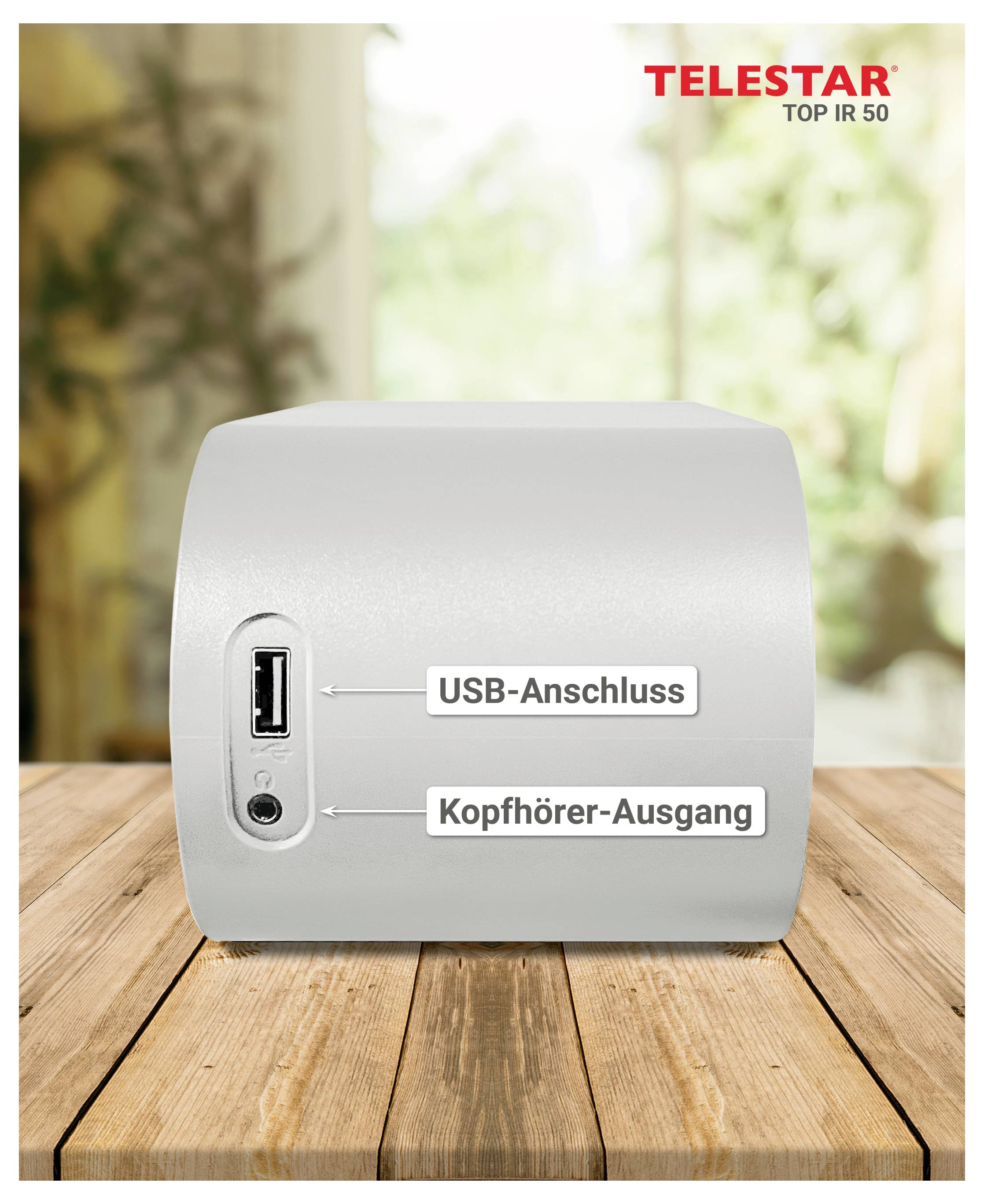 Produktový obrázok zariadenia TELESAR TOP IR 50 zobrazujúci USB port označený "USB-Anschluss" a výstup slúchadiel označený "Kopfhörer-Ausgang".