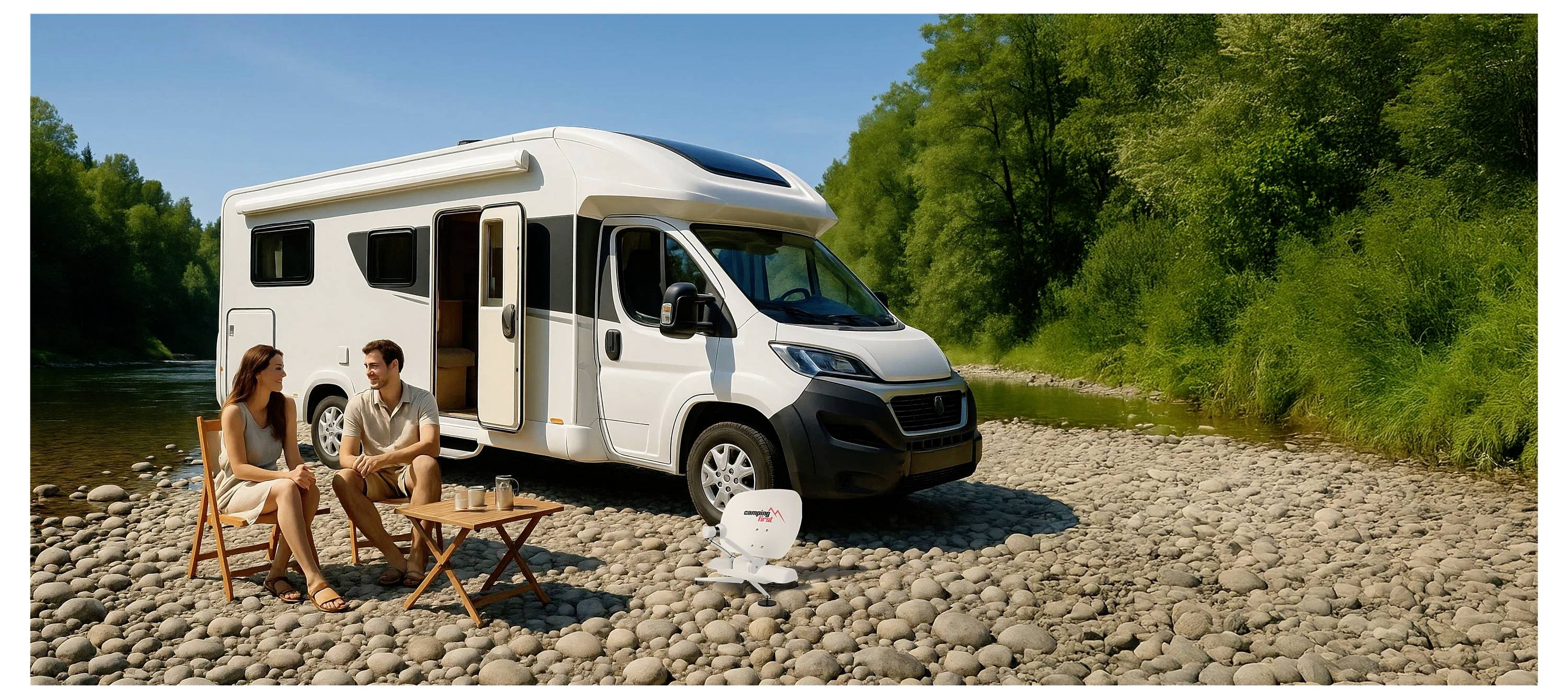 Pár sedí v kempingových stoličkách vedľa zaparkovaného motorového obytného vozu na kamenistom brehu rieky, so stolom a prenosným grilom, čo naznačuje outdoor výlet s obytným vozom.
