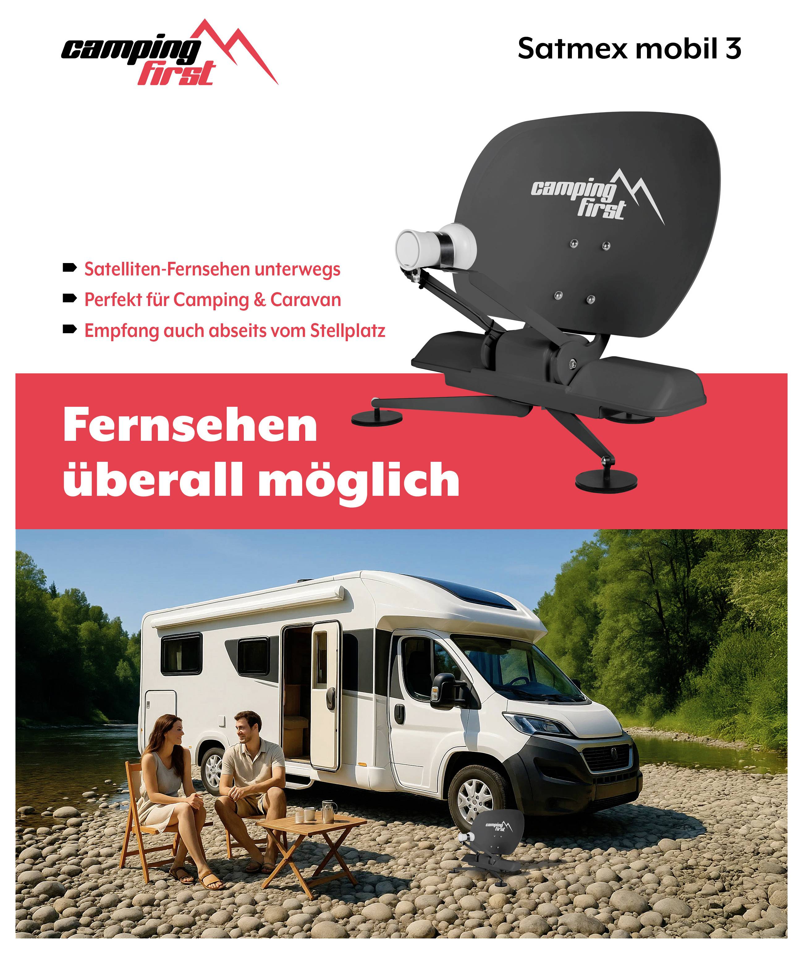 Kemp Po Prvý Raz 'Satmex mobil 3' satelitný TV systém na kemp a karavany, zobrazený namontovaný na vane so sloganom 'Televízia možná všade' a scénou z kempingu.