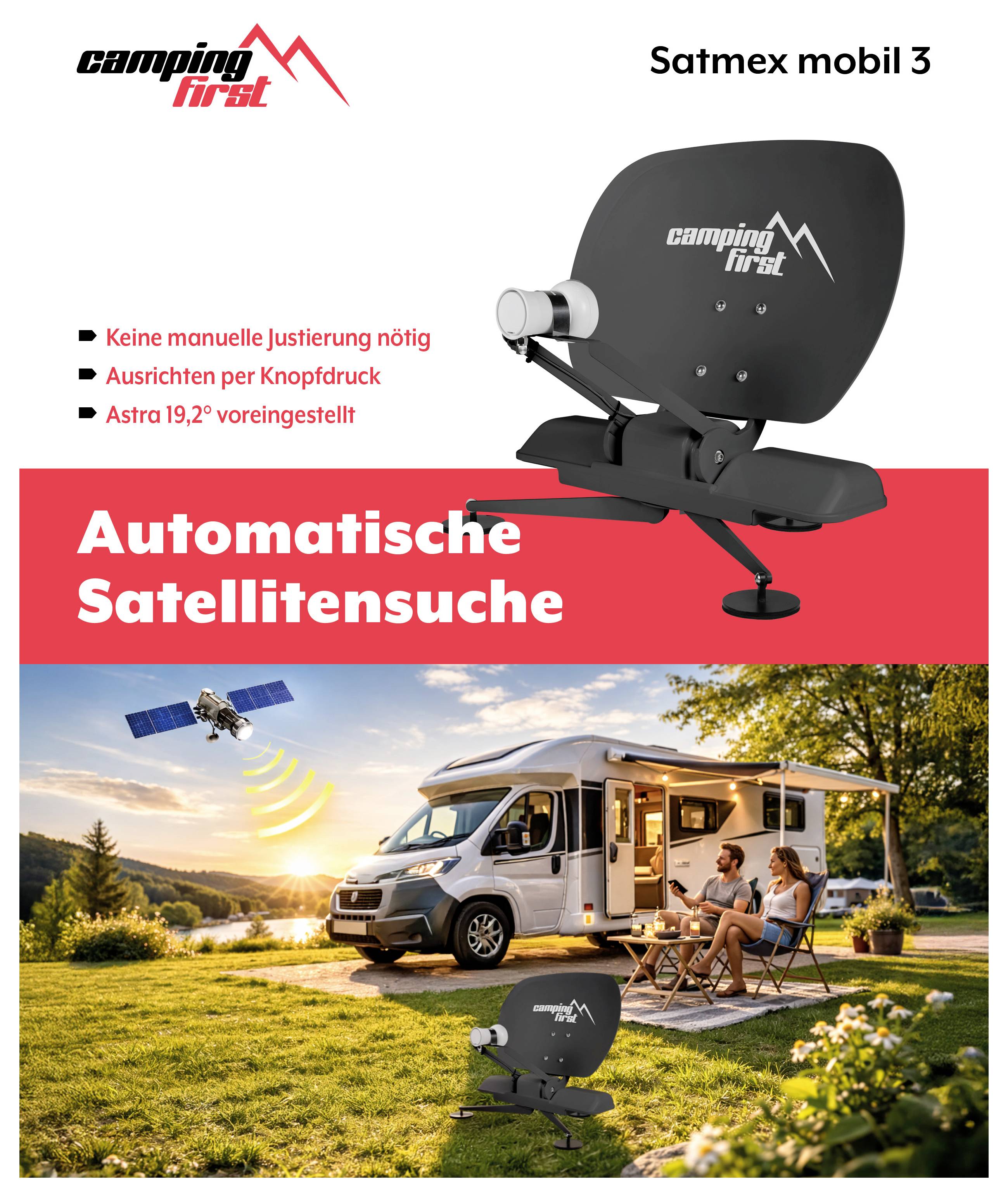 Propagačná grafika pre "Satmex mobil 3" od spoločnosti Camping First, zobrazujúca automatickú satelitnú parabolu pre obytné vozidlá s odrážkami a textom "Automatická satelitná vyhľadávanie".
