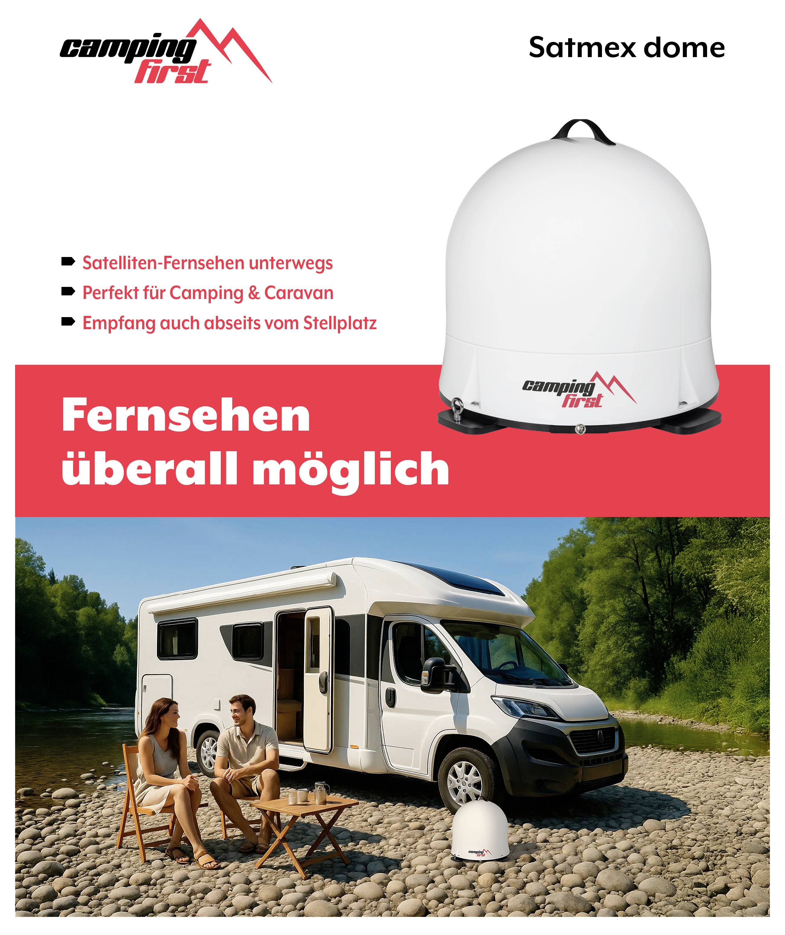 Camping First Satmex kupola satelitná TV kupola reklama s nemeckým textom, zobrazujúca bielu kuplová anténu a obytný automobil vedľa rieky, propagujúca TV kdekoľvek počas kempingu alebo karavanu.