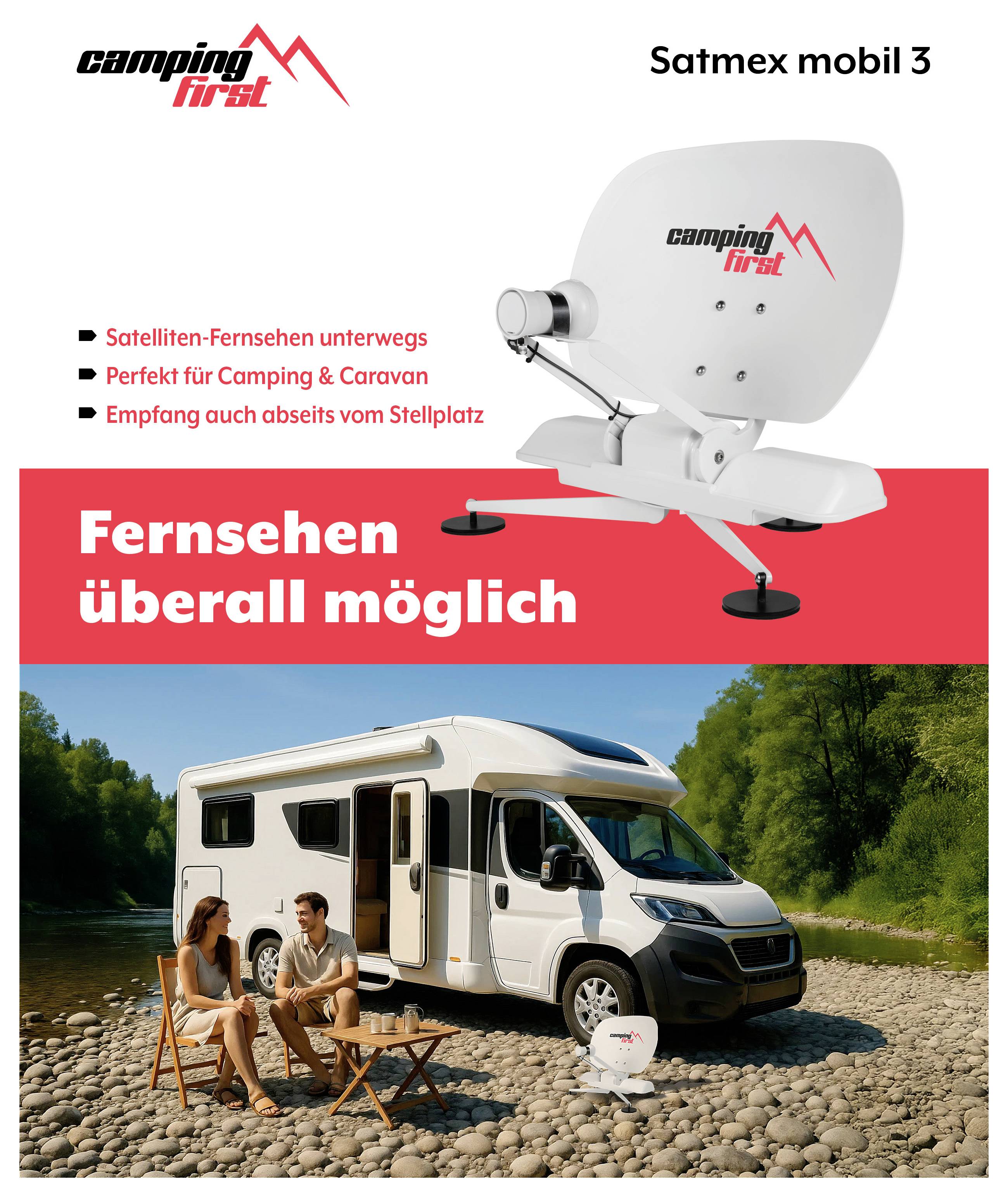 Camping First propaguje "Satmex mobil 3" satelitnú televíziu určenú na kempovanie a použitie bez pripojenia na sieť, s anténou montirou na dodávke pre obytný voz a párom relaxujúcim vonku.