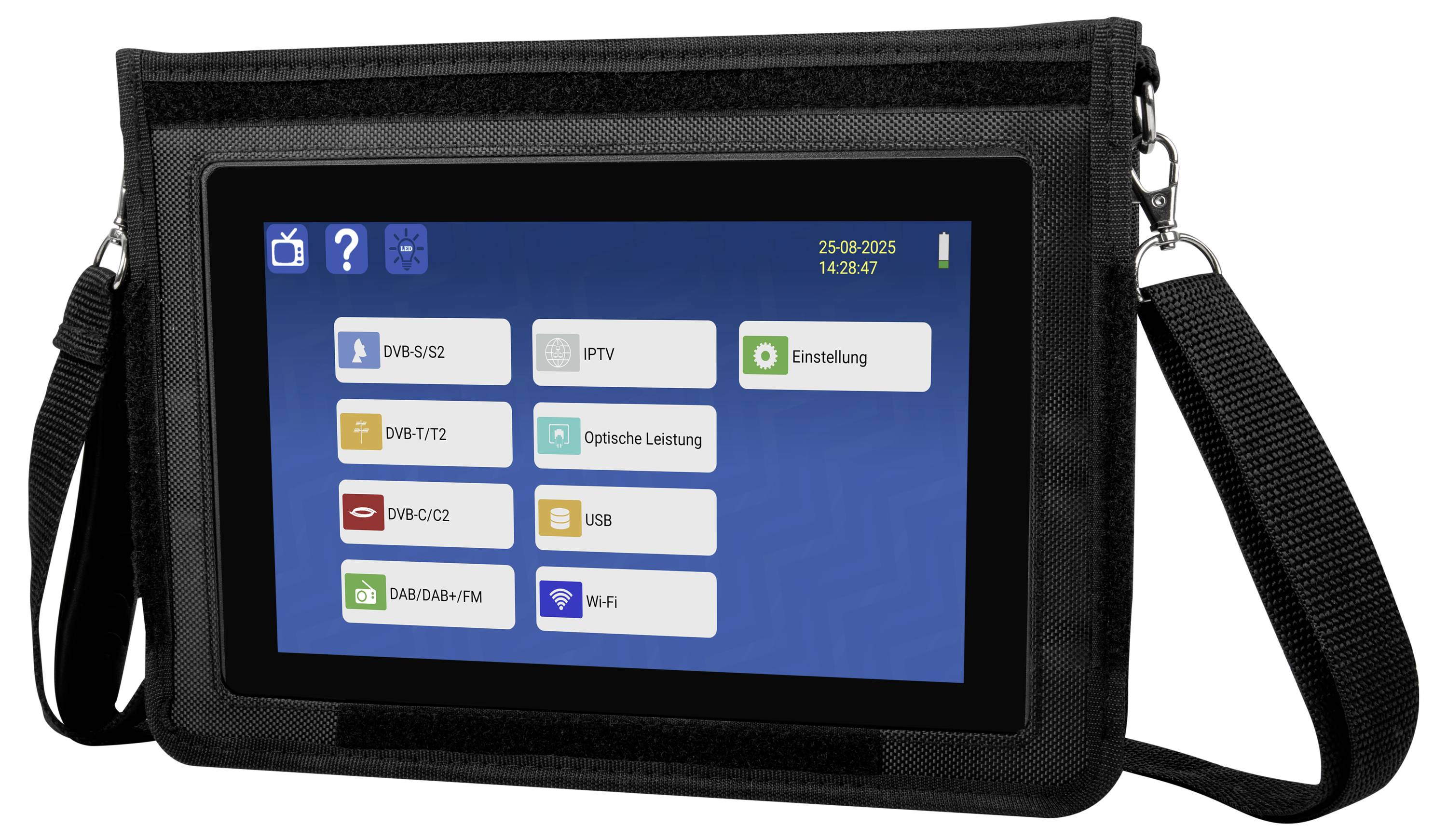 Prenosný čierny obal monitora zobrazujúci ponuku prijímača TV s možnosťami zdroja ako DVB-S/S2, IPTV, USB, Wi‑Fi a nastaveniami.