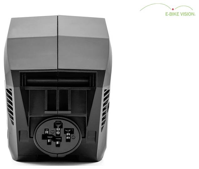 Čierny akumulátor elektrobicykla zobrazený z čelného pohľadu s logom E-BIKE VISION v rohu.