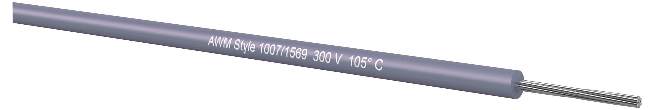 Zblízka šedého elektrického kábla s nálepkou „AWM Style 1007/1569 300V 105°C" s odhaleným strieborným vodičom.