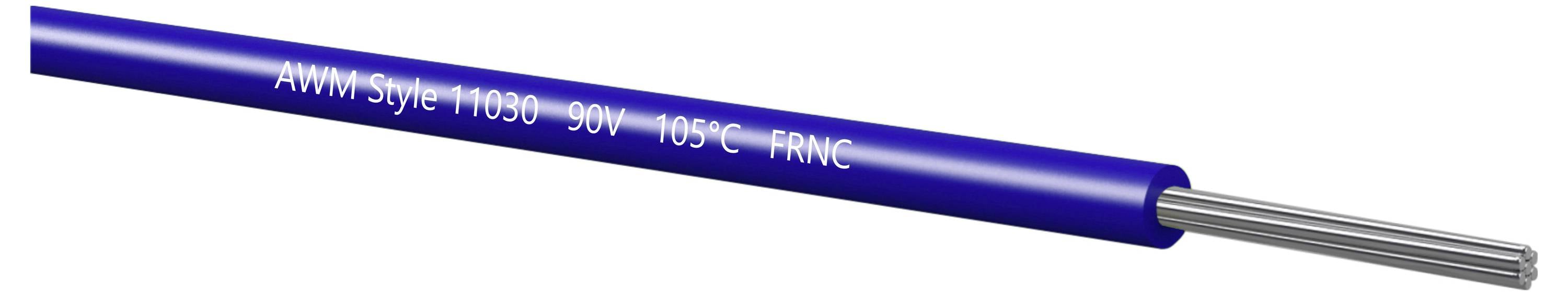 Modrý izolovaný elektrický kábel označený "AWM Style 1030 90V 105C FRNC" s odhaleným strieborným vodičom na jednom konci.