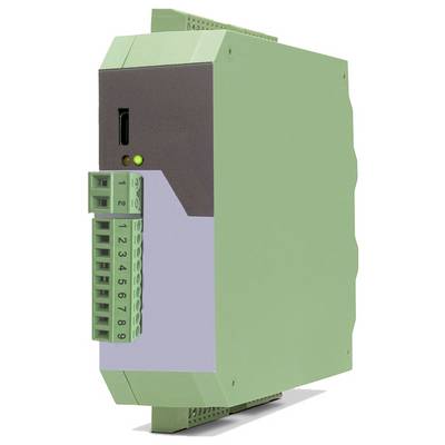 Zelený priemyselný elektronický modul s čelným zvorkovnicou, stavovými LED diódami a vetraným krytom.