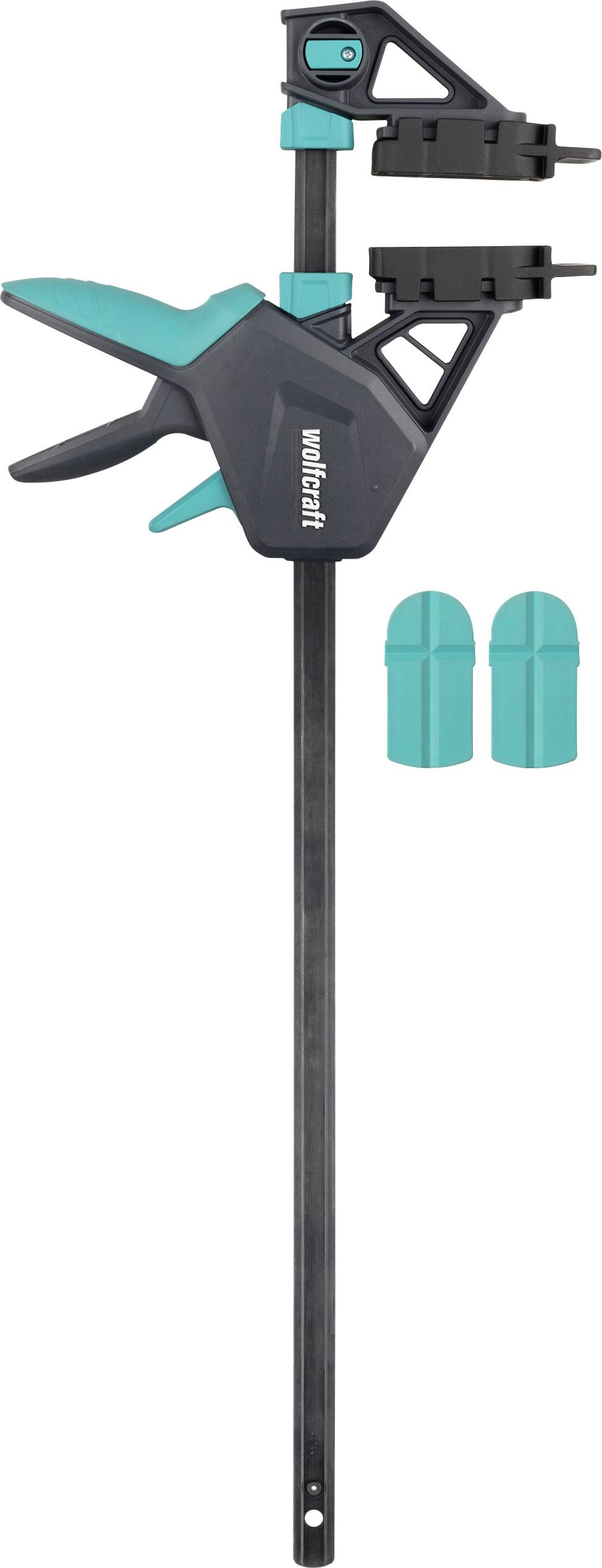 Nástenný čierny a opaľovo modry zverák s nastaviteľnými ramónmi a dvoma opaľovo modrými zameniteľnými podložkami zobrazené vedľa neho.