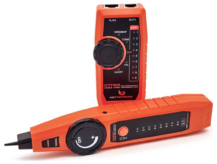 Dva oranžové testery sieťových káblov, jeden stojaci a jeden ležiaci, so zobrazením portov RJ45/RJ11, číselníkom a indikačnými svetlami.