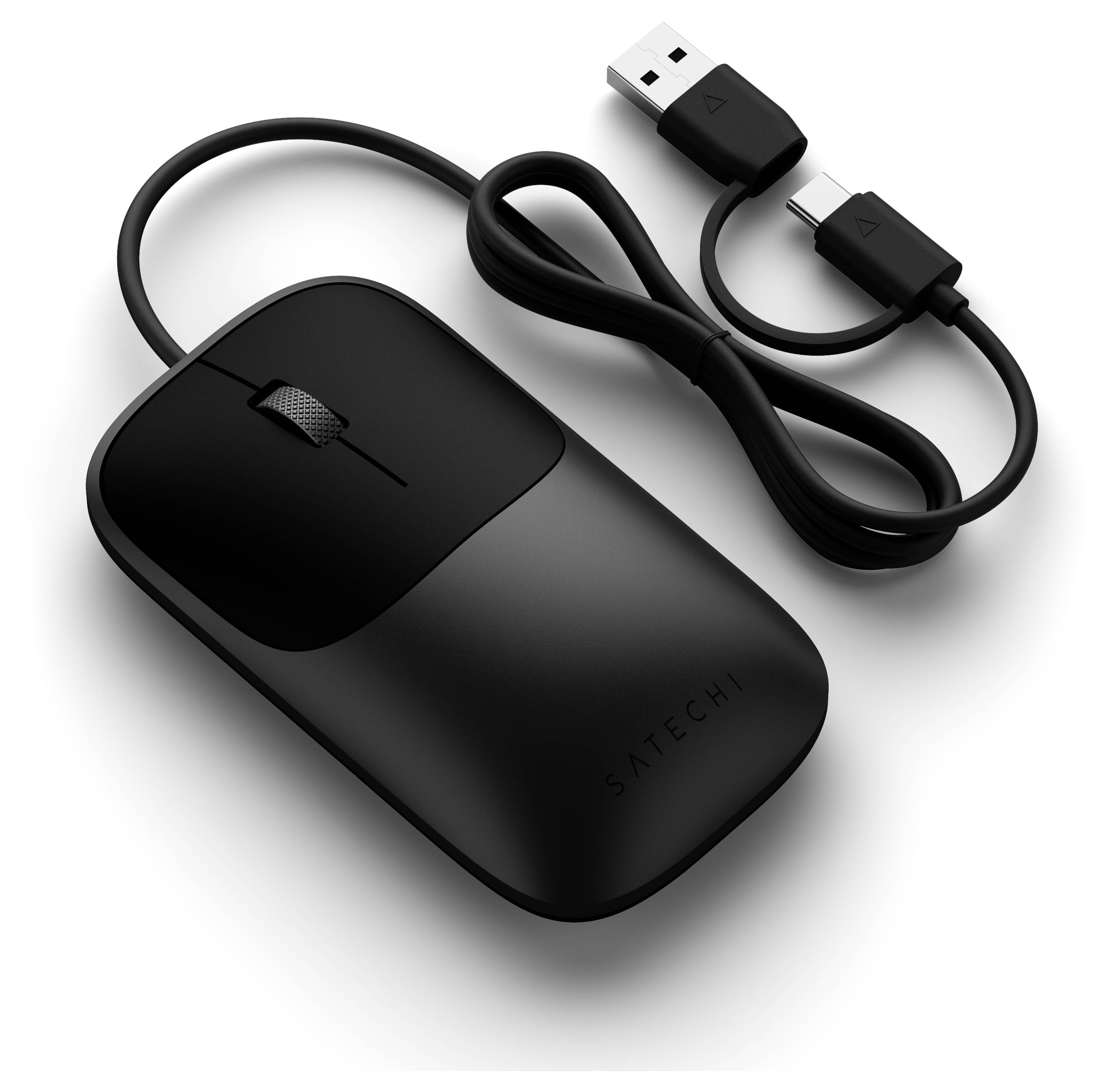 Čierna bezdrôtová počítačová myš s USB kábľom a konektorom, zobrazená na bielom pozadí.