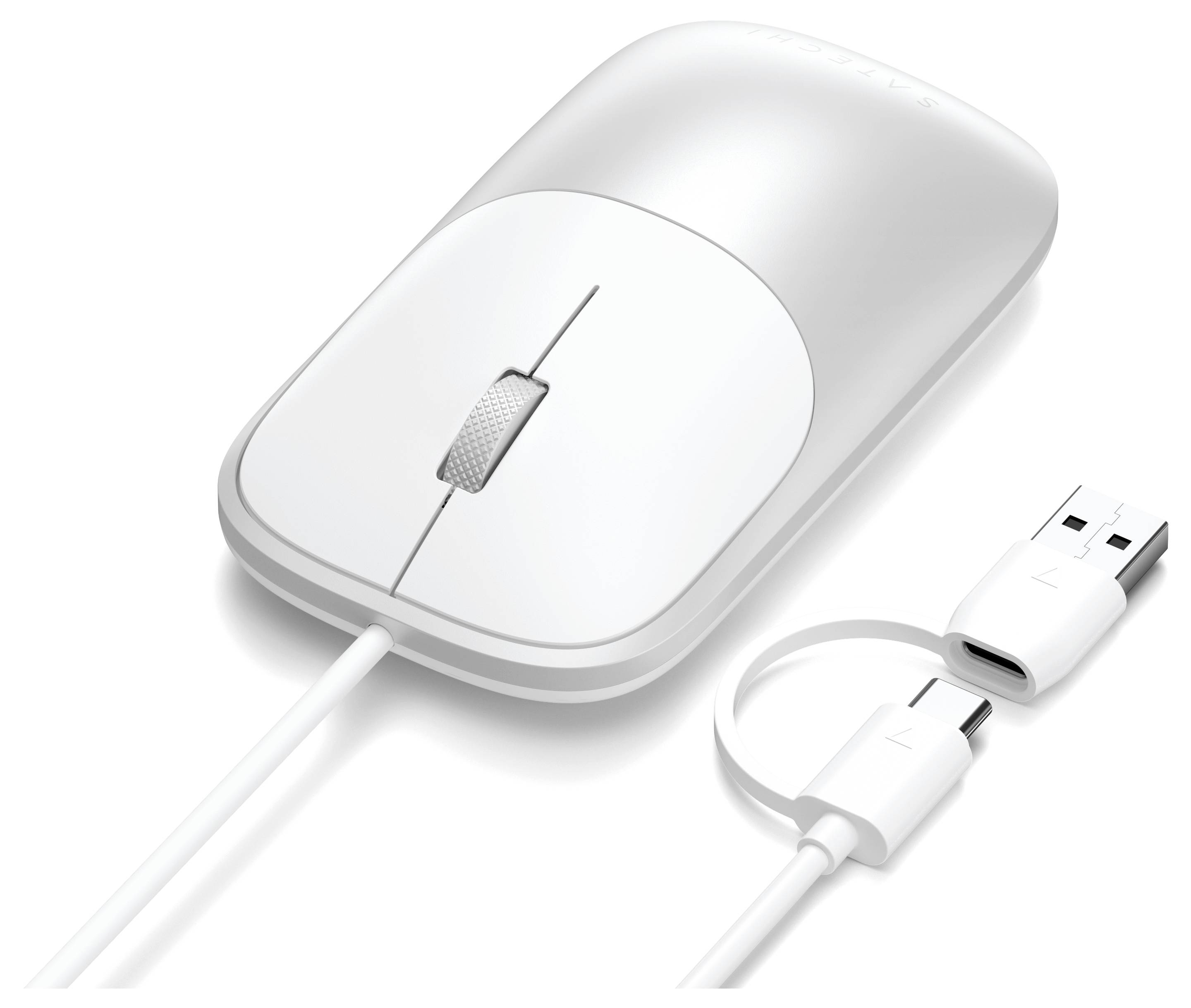 Biela drôtená počítačová myš s rolovacím kolieskom a USB zástrčkou na jednoduchom pozadí.